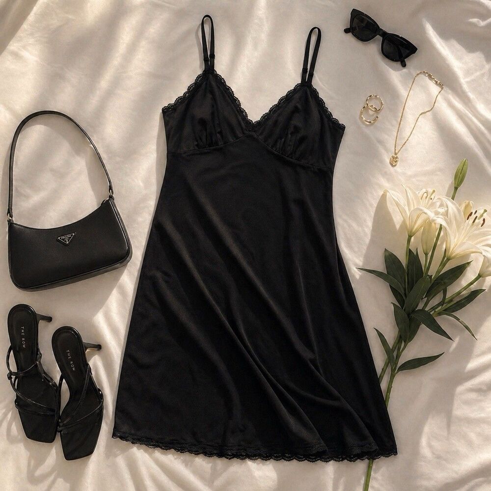 Vintage Black Satin Slip Dress Lace Trim Midi Nightgown Lingerie Y2K Minimal